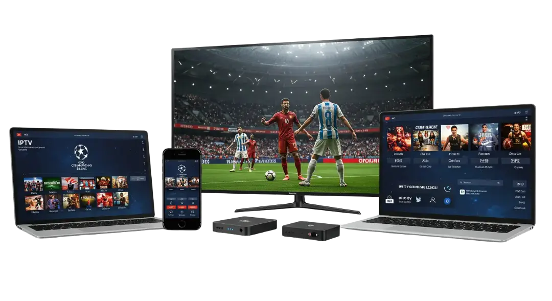 Aroma IPTV IPTV displayed across TV, monitor, laptop, phone and tablet